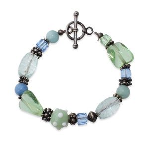Vintage Mixed Art Glass Beaded Bracelet Lampwork Bead Green Blue Sterling Silver